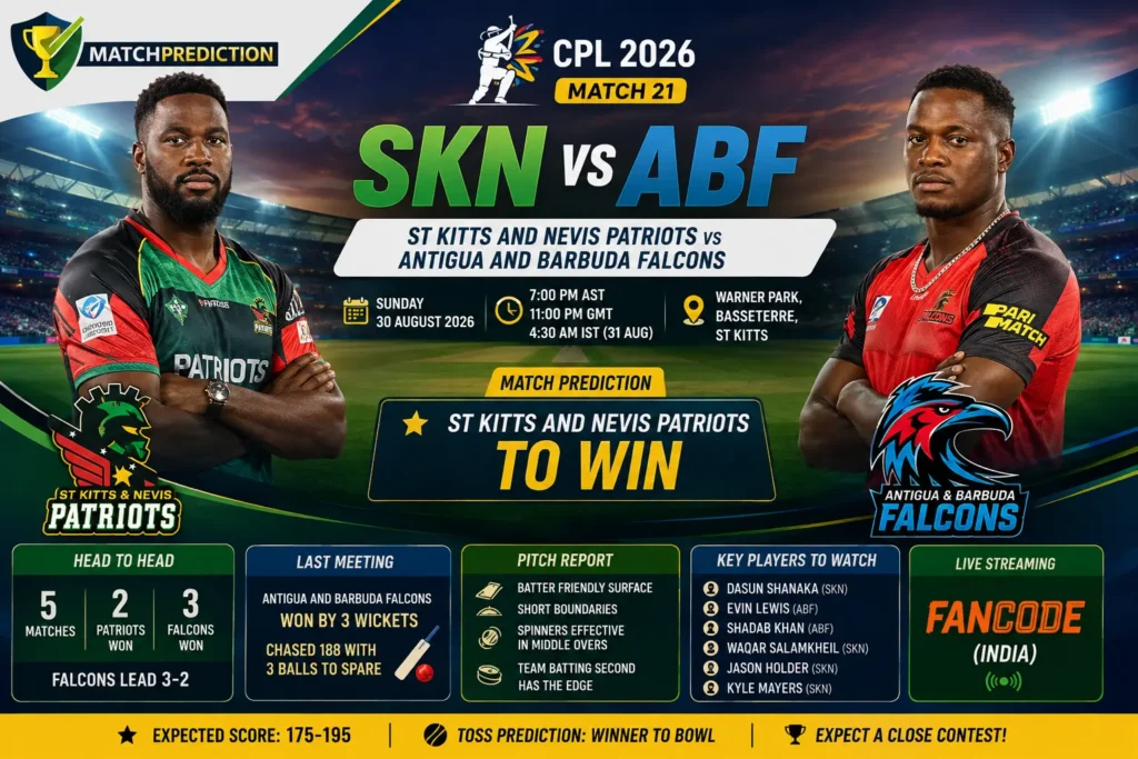 SKN vs ABF match prediction for CPL 2026 Match 21 at Warner Park