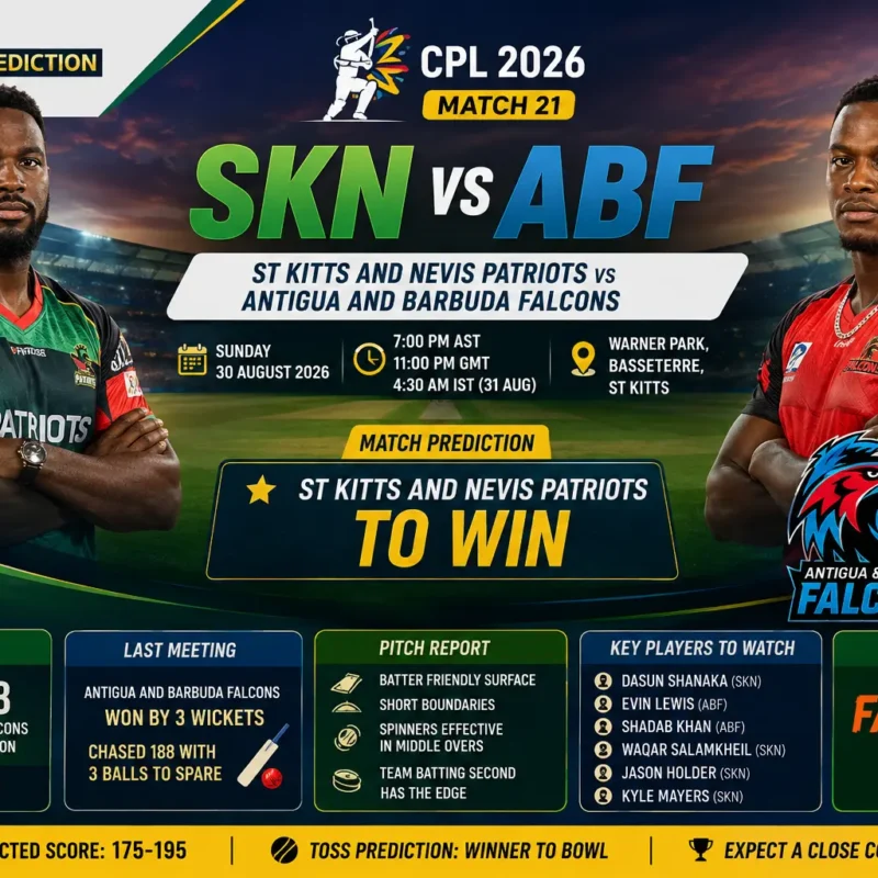SKN vs ABF match prediction for CPL 2026 Match 21 at Warner Park